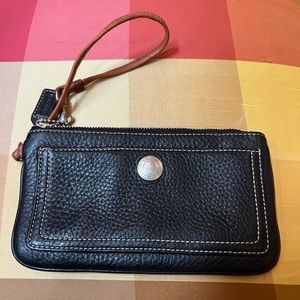 Black Coach Wristlet Wallet with Tan Wrist Strap
